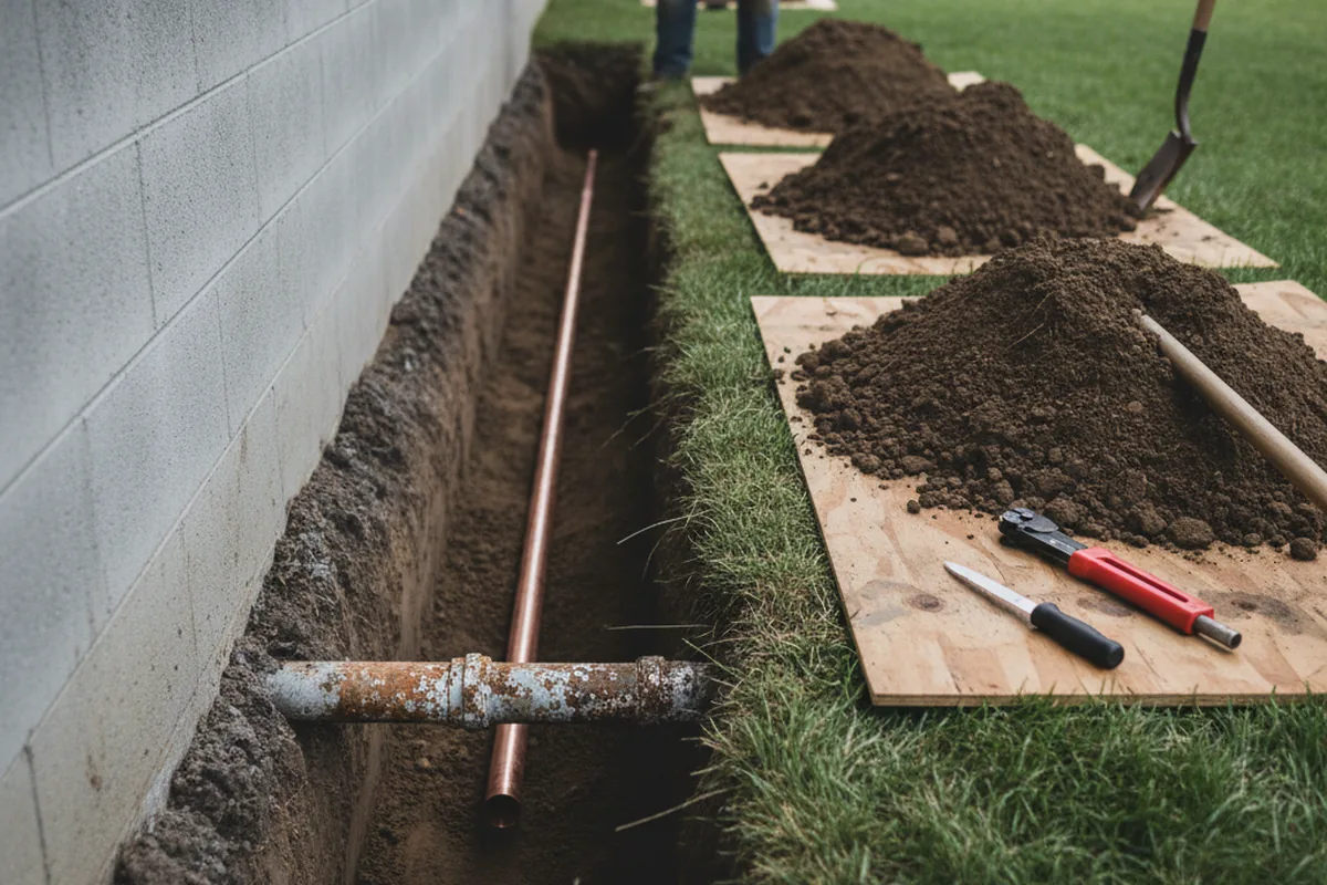 Excavated water line trench during Water Softener Installation in Mandeville